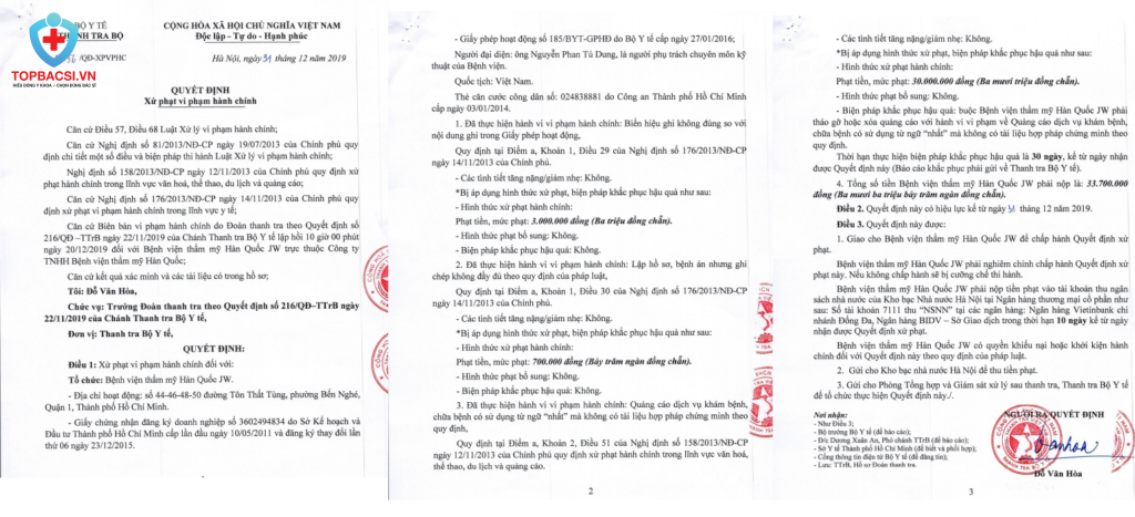 Bộ Y tế ban hành quyết định xử phạt Bệnh viện thẩm mỹ Hàn Quốc JW.