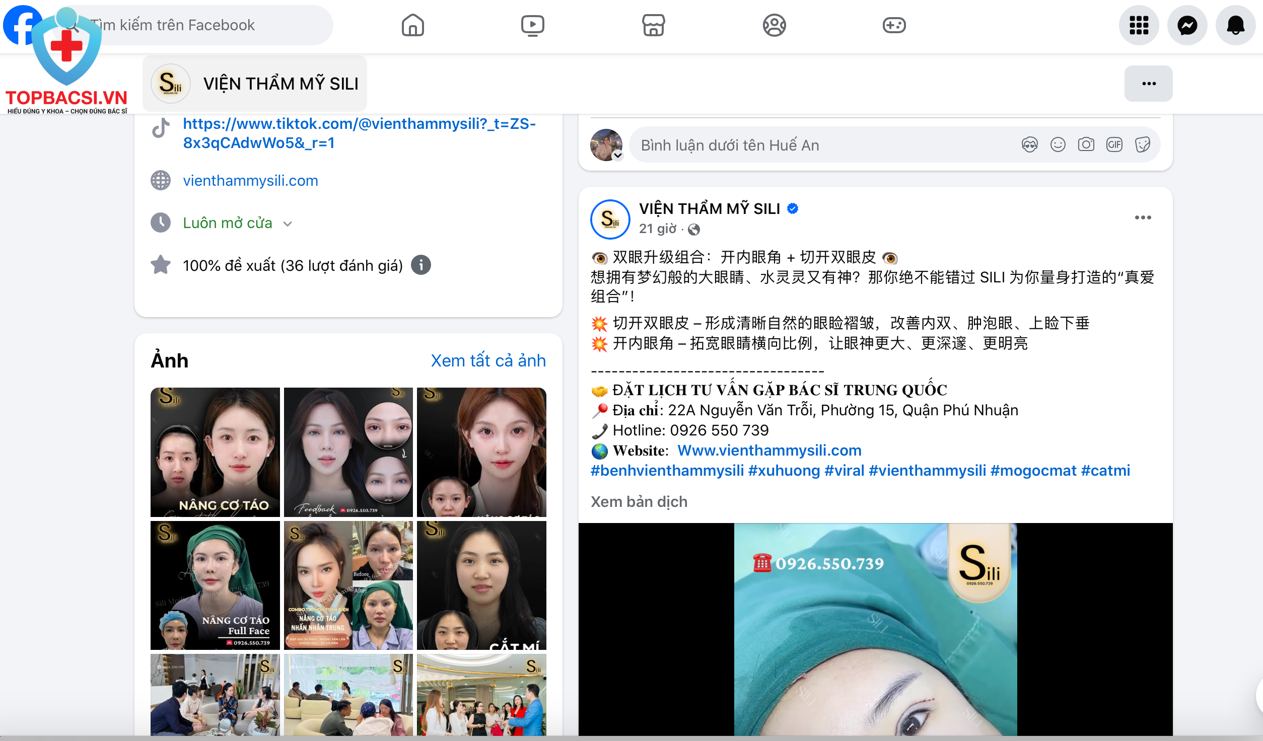 Trên trang facebook có tên “Viện Thẩm mỹ SILI” đăng tải các dịch vụ làm đẹp bằng tiếng Trung Quốc.